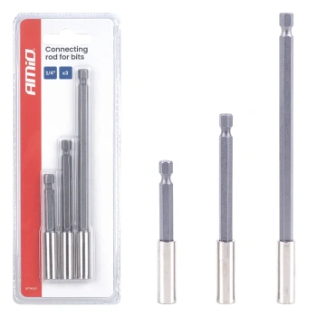 Zestaw 3 uchwytów do bitów 1/4" HEX - przedłużki do wkrętarki w trzech długościach - AMiO 04934