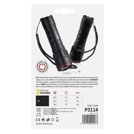 Latarka ręczna LED, 330 lm, 3 × AA, regulacja ogniskowej, obudowa metalowa, EMOS P3114