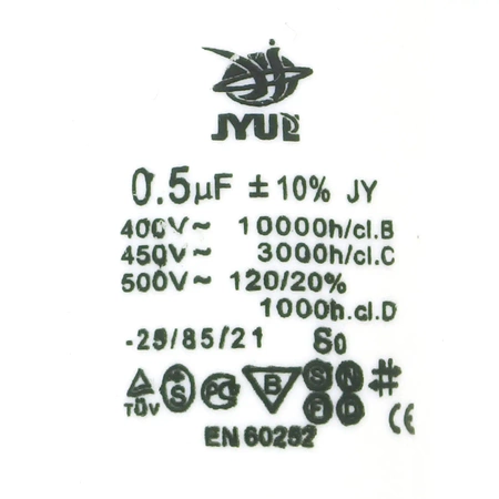 Kondensator rozruchowy do silnika, CBB60 0.5uF 450VAC 26x55mm, przewód