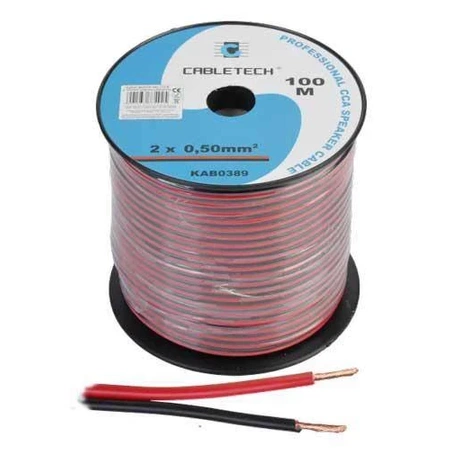 Przewód głośnikowy CCA, 2 × 0,5 mm², czarno-czerwony, szpula 100 m, Cabletech