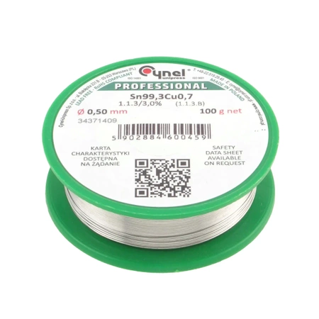 Cyna lutownicza bezołowiowa - spoiwo Sn99,3Cu0,7 - topnik 1.1.3 - 0,50mm - Cynel 100g