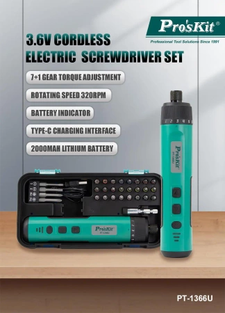 Wkrętak elektryczny z zestawem bitów Proskit PT-1366U