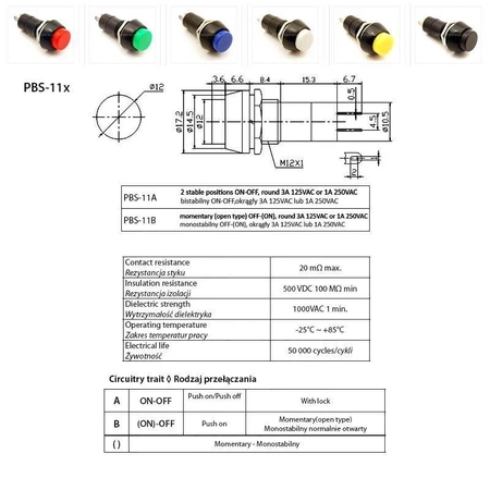 Przełącznik chwilowy OFF-(ON) czarny, koło, PBS-11B