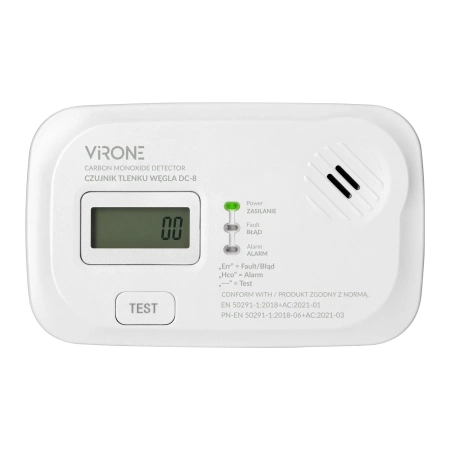Czujnik czadu, LCD, 2 x AA, sensor 10 lat, VIRONE DC-8