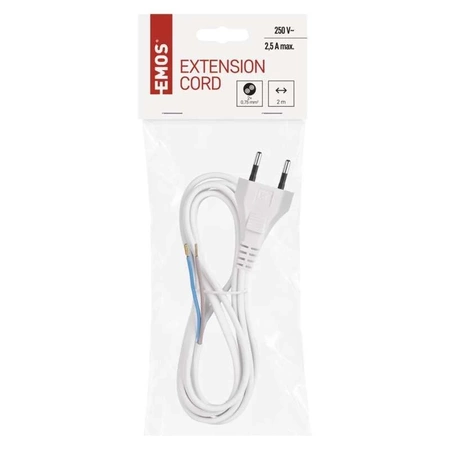 Kabel zasilający 2m z wtykiem płaskim 230V 2.5A, przekrój 2x0.75mm2, biały