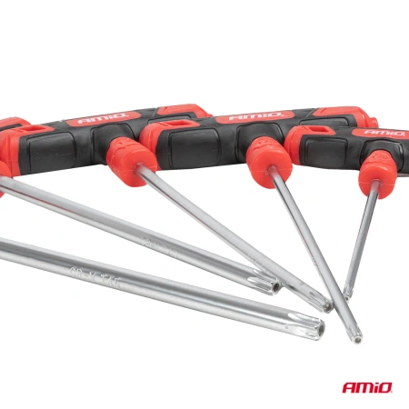 Klucze Torx Security z rękojeścią T T10–T50, zestaw 8 szt., stal Cr-V, AMIO-04827