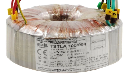 Transformator toroidalny lampowy TSTLA 100/004, 100VA, 260V-0-260V + 3,15V-0-3,15V + 0-5V-6,3V, Indel