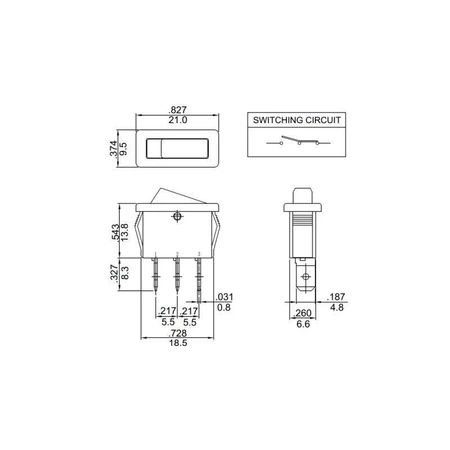 Przełącznik klawiszowy ON-OFF-ON MR3H30C6BBNWC, czarny bez podświetlenia, Canal