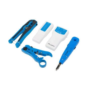 Zestaw narzędzi do budowy sieci LAN: tester, zaciskarka, ściągacz izolacji, nóż KRONE, NT-0302 Lanberg
