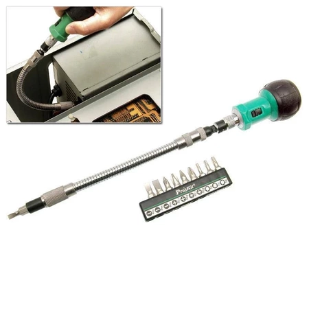 Wkrętak giętki z uchwytem i zestawem bitów, Proskit 1PK-201