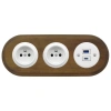 2x Gniazdko elektryczne okrągłe + Gniazdko USB A+C 4A białe z ramką potrójną ciemne drewno, montaż podtynkowy, Ceramic Loft
