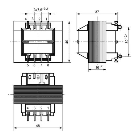 Transformator sieciowy TS 8/24, 8VA, 2 × 18,2V 2 × 0,22A, wyprowadzenia oczkowe, 40 × 48 × 37mm, Indel