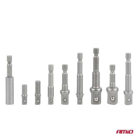 Zestaw 9 adapterów do wkrętarki z trzpieniem 1/4" HEX na nasadki 1/4", 3/8" i 1/2" - AMiO 04931