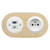 Gniazdo USB A+C 4A + Gniazdo elektryczne okrągłe białe z ramką podwójną jasne drewno, montaż podtynkowy, Ceramic Loft