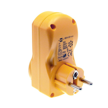 Przejściówka z wyłącznikiem różnicowoprądowym wtyk - gniazdo 230V 16A IP54