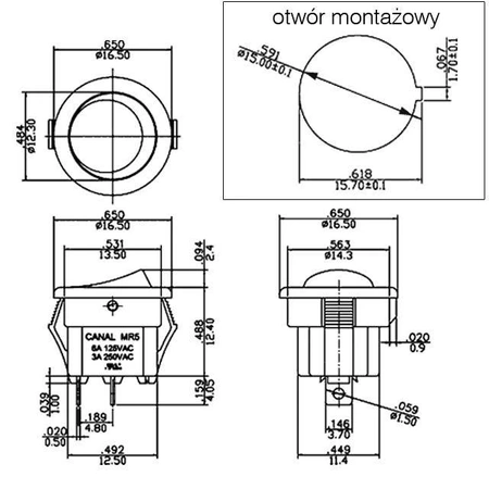 Włącznik ON-OFF klawiszowy okrągły, SPST 2P Canal
