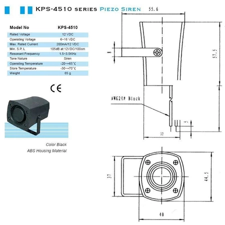 Syrena elektroniczna KPS 4510, 105 dB, 12 V, 210 mA, dźwięk szczebioczący