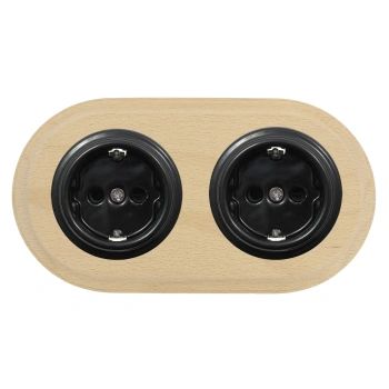 2x Gniazdo elektryczne Schuko okrągłe czarne z ramką podwójną jasne drewno, montaż podtynkowy, Ceramic Loft