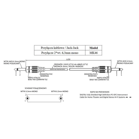 Przyłącze kablowe jack-jack MK46 Vitalco, wtyk - wtyk 6.3 mono digital 5m