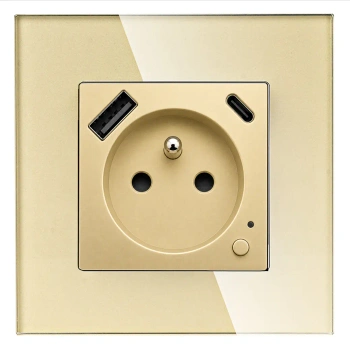 Gniazdko elektryczne z uziemieniem z USB A+C 20W z pomiarem energii (watomierz) ZigBee złote podtynkowe z ramką szklaną - TAWOIA Smart Home