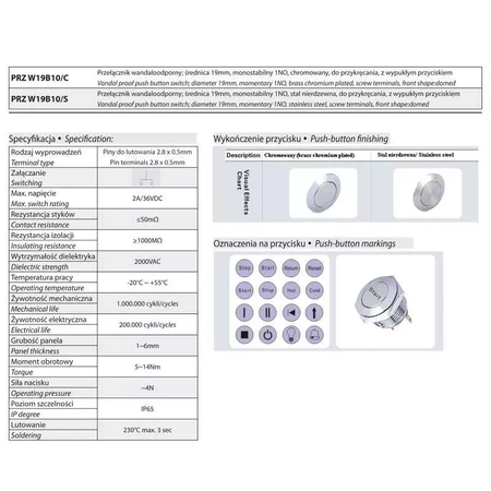 Przycisk wandaloodporny 19mm wypukły chromowany W19B10R