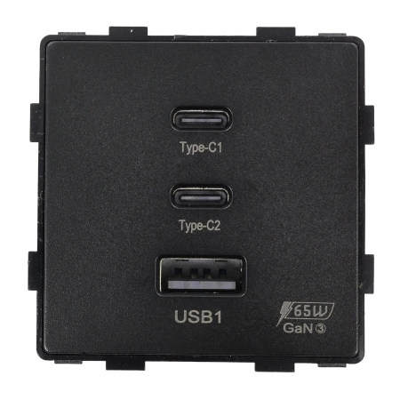 Ładowarka USB A + 2xC 65W GaN czarna podtynkowa z ramką szklaną - TAWOIA Glass