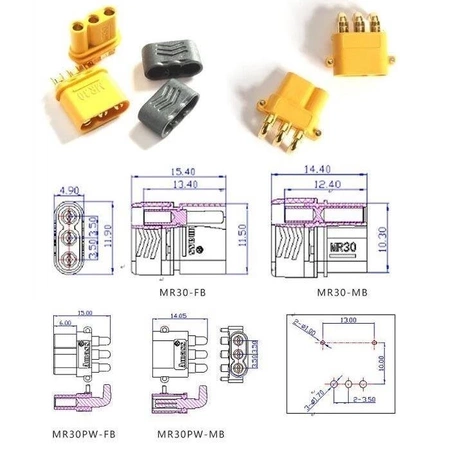 Złącze wysokoprądowe MR30 do połączeń ESC-Silnik, komplet: wtyk męski + gniazdo żeńskie