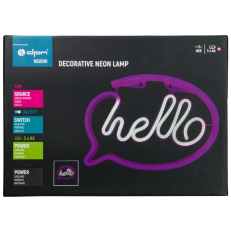 Neon LED "hello", dekoracja LED 30x21cm, zasilanie z baterii lub USB