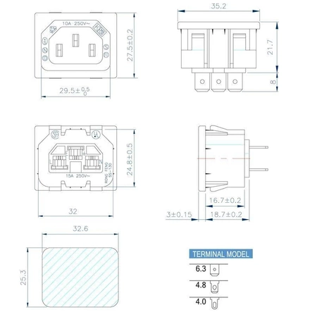 Gniazdo zasilania IEC żeńskie, zatrzaski