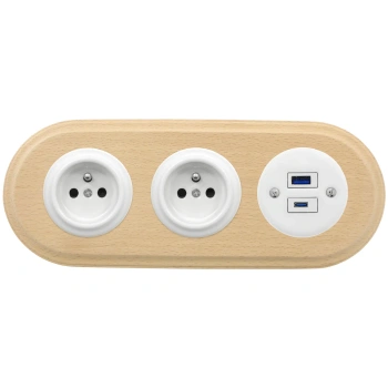 2x Gniazdo elektryczne okrągłe + Gniazdo USB A+C 4A białe z ramką potrójną jasne drewno, montaż podtynkowy, Ceramic Loft