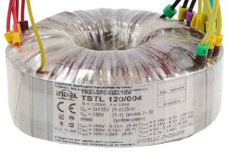 Transformator toroidalny lampowy TSTL 120/004, 120VA, 260V-0-260V + 30V + 3,15V-0-3,15V + 0-5V-6,3V, Indel