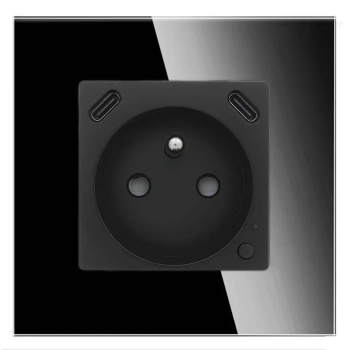 Gniazdko pojedyncze z bolcem, 2x USB-C 20W - watomierz - WiFi / BT - szklana ramka - czarny - Tawoia Glass