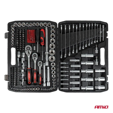 Zestaw 216 narzędzi: 110 bitów, nasadki 1/4", 3/8" i 1/2" z Torx E, klucze płasko-oczkowe, w walizce - AMiO 05020