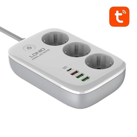 Inteligentna listwa zasilająca Wi-Fi LDNIO SEW3452, Tuya biała z włącznikiem