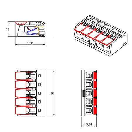 Złącze zatrzaskowe 5 pól, szybkozłącze instalacyjne 24-12AWG 250/600V