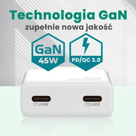Ładowarka sieciowa GaN 45W 2x USB-C PD - super slim everActive SC-465Q