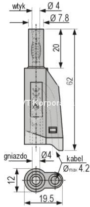 Wtyk bezpieczny 4mm z tuleją stałą i gniazdem 4mm, przykręcany, czarny