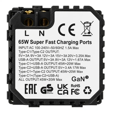 Ładowarka USB A + 2xC 65W GaN grafitowa podtynkowa (moduł bez ramki) - TAWOIA Glass