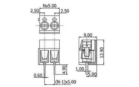 Złącze śrubowe do druku, 2 pola, raster 5mm, wysokość 12,6mm, 300V / 15A, 2,5mm², Degson DG305