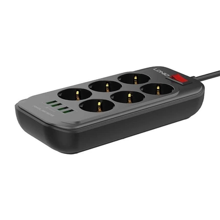 Listwa zasilająca 6 gniazd + 4× USB, przewód 2 m, 10 A, z włącznikiem, czarna, LDNIO