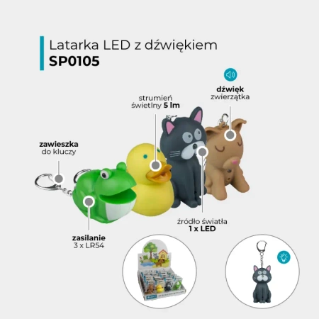 Latarka LED brelok z dźwiękiem – zwierzaki: żabka, kaczuszka, kotek, piesek