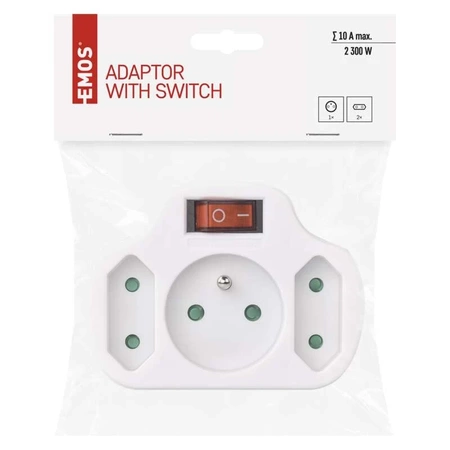 Rozgałęźnik sieciowy 230V, 3 gniazda, 10A, biały, włącznik, EMOS P0029