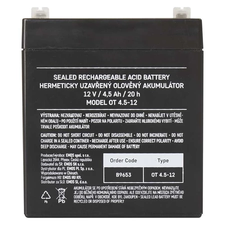 Akumulator AGM bezobsługowy, 12 V, 4,5 Ah, 91 × 71 × 105 mm, 1,4 kg, EMOS B9653