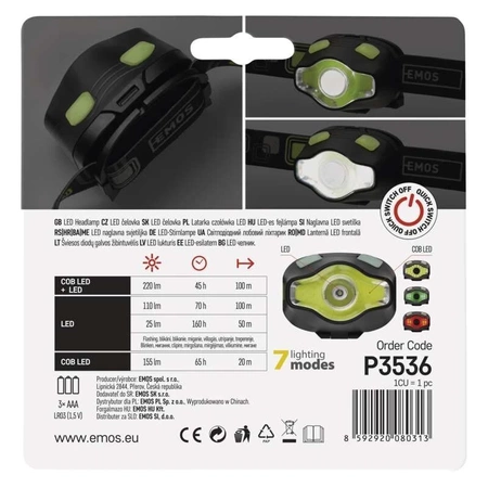 Latarka czołowa LED, 3 W, 220 lm, dioda COB, 3 × AA, zasięg 100 m, EMOS P3536