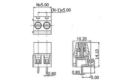 Złącze śrubowe 2 pola, raster 5, h=14.1mm