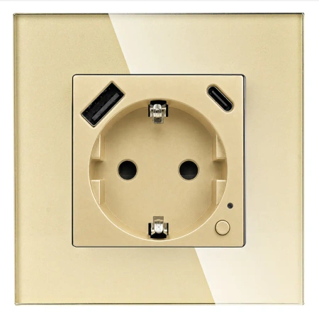 Gniazdo elektryczne Schuko z USB A+C 20W z pomiarem energii (watomierz) WiFi i Bluetooth złote podtynkowe z ramką szklaną - TAWOIA Smart Home