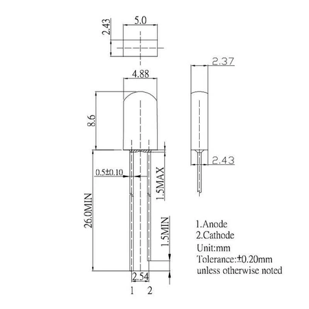 Dioda LED prostokątna 2 × 5 mm biała zimna (8000–18000 K), 1120–1560 mcd, kąt 100°