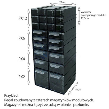 Magazynek szufladkowy modułowy 23x14x12.5cm, 12 szufladek, Konger PX12
