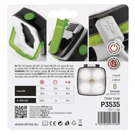 Latarka czołowa LED CREE 3W + SMD, 110 lm 850mAh ładowalna