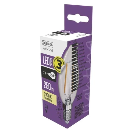 Żarówka LED E14 Filament Świeca 2W ciepła biel, 250lm